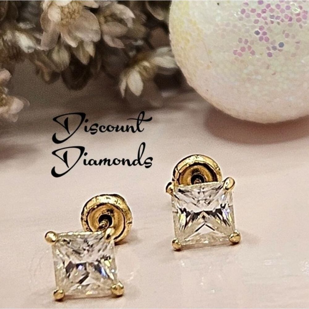 Dainty 14K Real Gold 0.4 Ct. 4x4 mm Moissanite Princess Cut Screwback Earrings